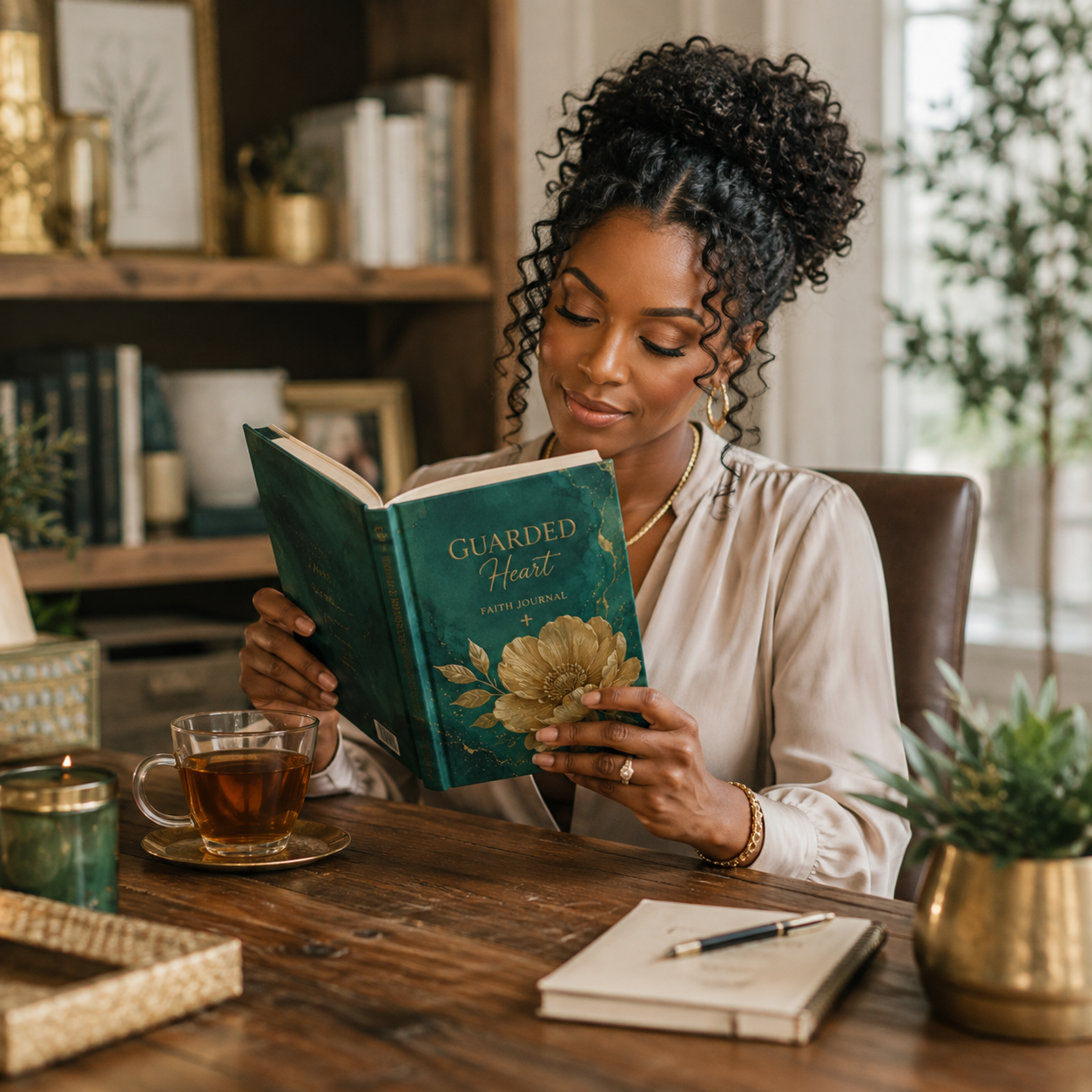 Woman reading the Guarded Heart journal at a warm wooden desk with tea